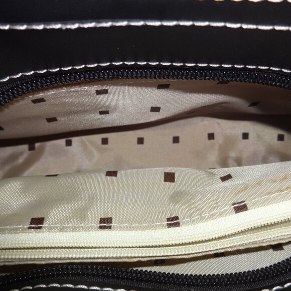 BPI Creations shoulder bag , tan canvas, black faux leather trim, top zip, NWT, - Picture 9 of 16